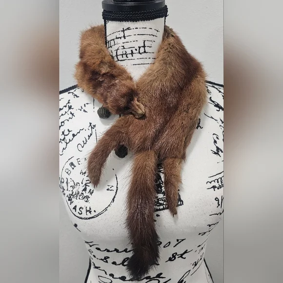 Vintage Mink Fur Whole Body Pelt Stole Collar Wrap Neck Shrug Clip Brown 30" - Picture 1 of 16